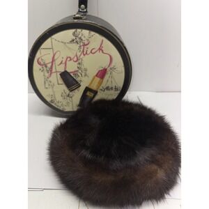 1950s Vintage Brown Fur Pillbox Hat Satin Lining Winter Hat‎ With Lipstick Box